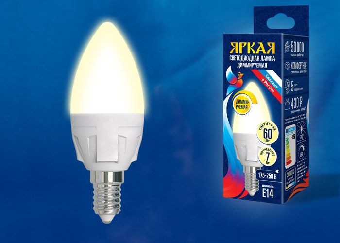 Лампа светодиодная  Uniel LED-C37 7W/3000K/E14/FR/DIM PLP01WH серия Яркая форма "свеча" матовая