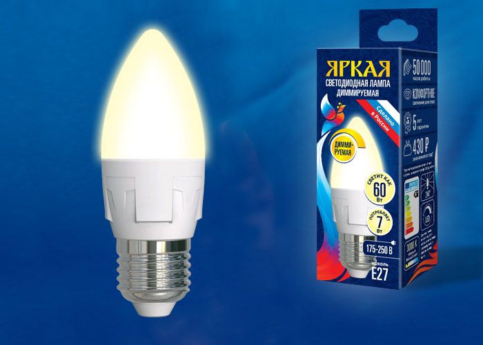 Лампа светодиодная  Uniel LED-C37 7W/3000K/E27/FR/DIM PLP01WH серия Яркая форма "свеча" матовая