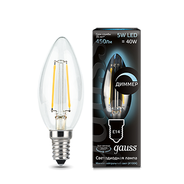 Лампа Gauss LED DIMM Filament Candle 103801205-D 5W E14 4100K свеча диммируемая