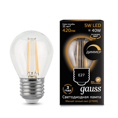 Лампа Gauss LED DIMM Filament Globe 105802105-D 5W E27 2700K шар диммируемый