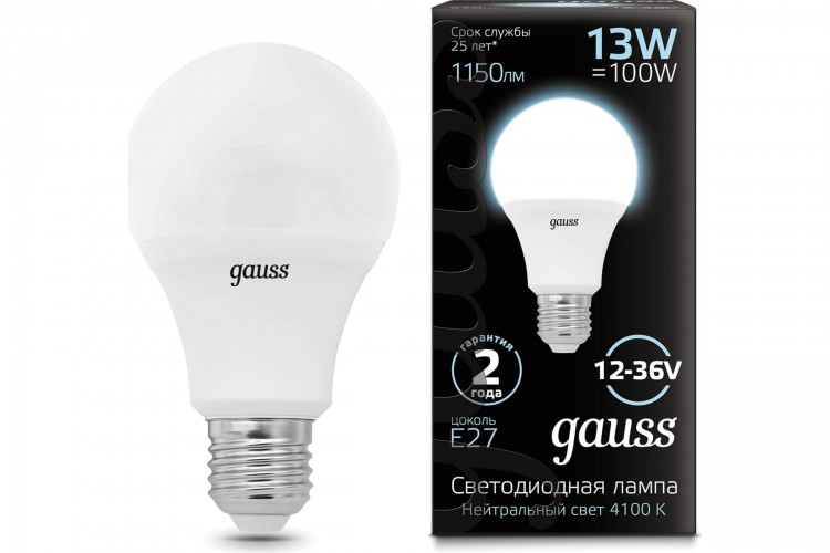 Лампа Gauss LED A60 13W 12-36V 202502213 1150lm 4100K E27