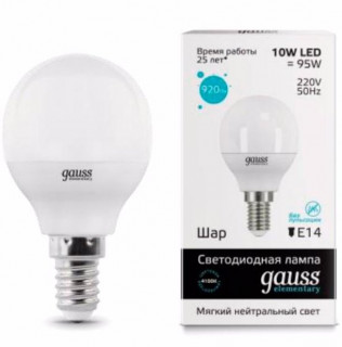 Лампа Gauss LED Elementary 10W 53120 4100K E14 шар
