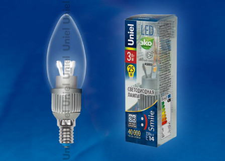 Лампа светодиодная  Uniel LED-C37P-3W/NW/E14/CL "Свеча" серия Aluminium Smile Уценка
