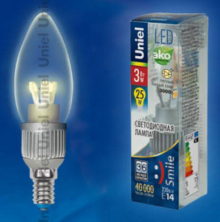 Лампа светодиодная  Uniel LED-C37P-3W/WW/E14/CL "Свеча" серия Aluminium Smile Уценка