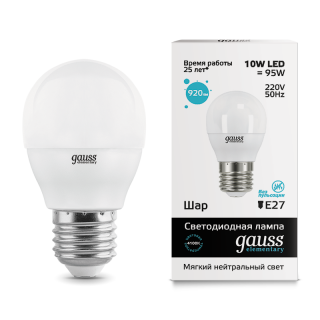 Лампа Gauss LED Elementary 10W 53220 4100K E27 шар