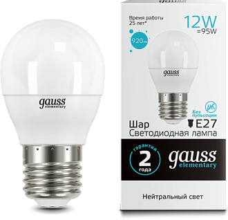 Лампа Gauss LED Elementary 12W 53222 4100K E27 шар