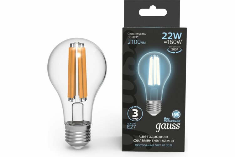 Лампа Gauss LED Filament A70 22W 102902222 4100K E27
