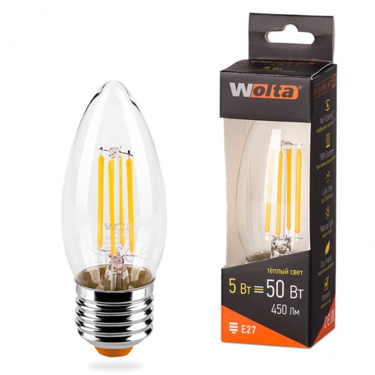 Лампа WOLTA Led Filament 25YCFT 5W E27 3000К свеча (801)