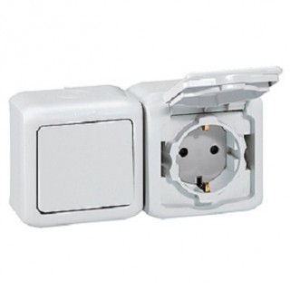 Legrand Quteo Белый Выкл. 1-кл. + Розетка с крышкой со шторками IP44