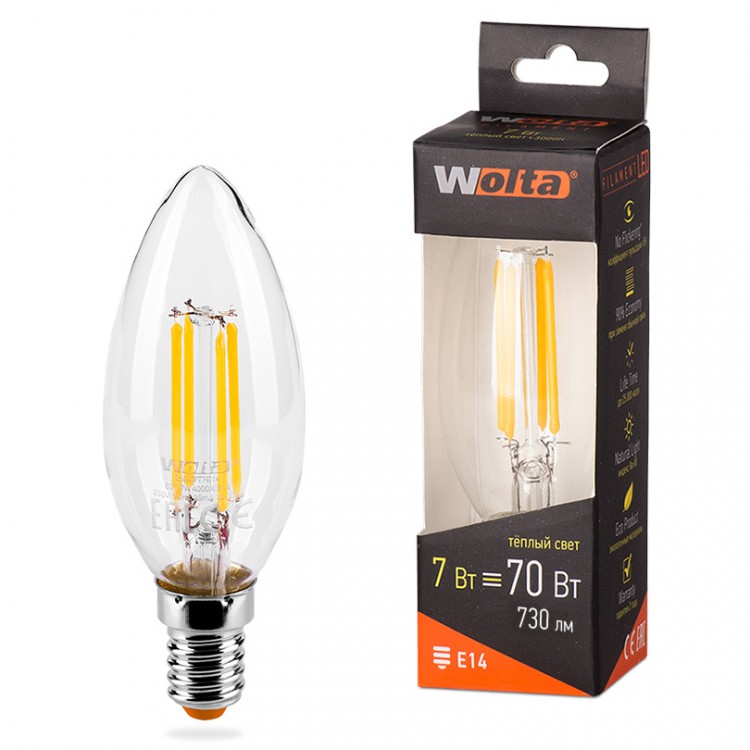 Лампа WOLTA Led Filament 25YCFT 7W E27 3000К свеча (804)