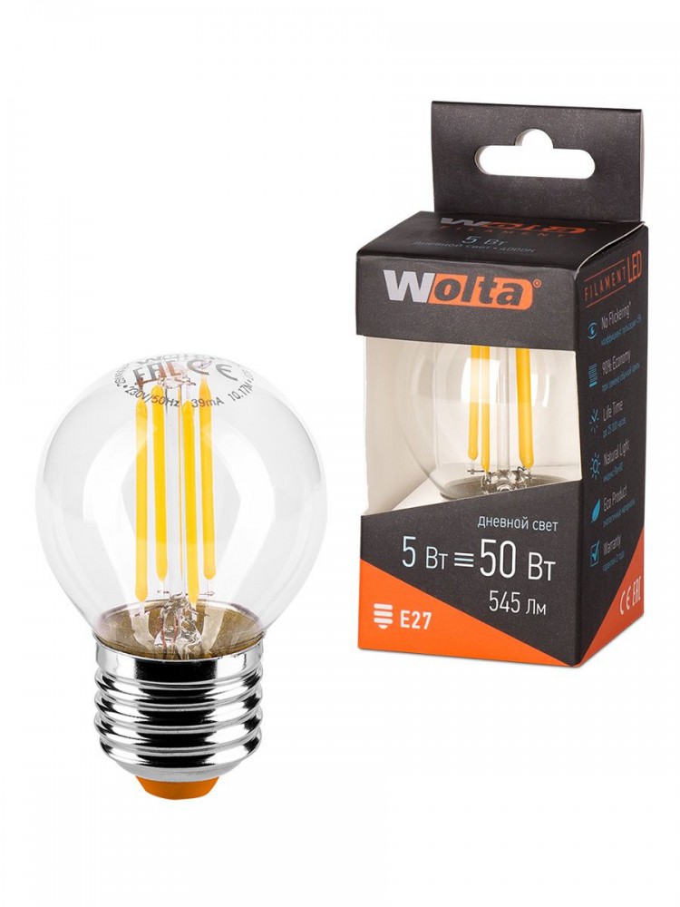 Лампа WOLTA Led Filament 25S45GLFT 5W E27 4000K шар (141)