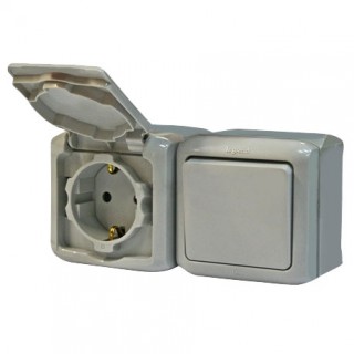 Legrand Quteo Серый Выкл. 1-кл. + Розетка с крышкой со шторками IP44