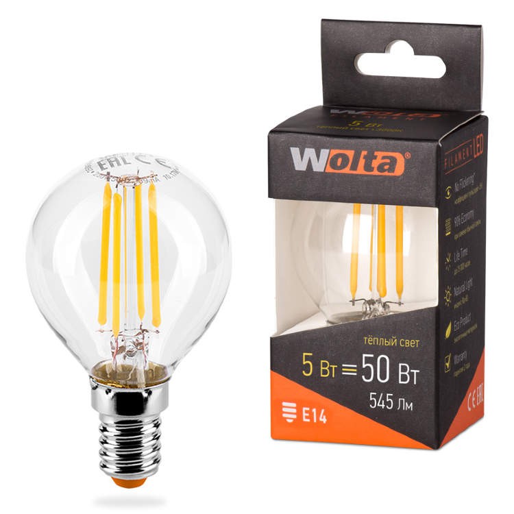 Лампа WOLTA Led Filament 25Y45GLFT 5W E14 3000К шар (132)