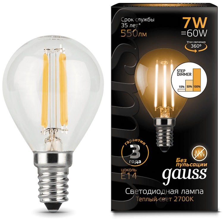 Лампа Gauss LED Filament 7W 105801107-S 2700K E14 шар диммир.