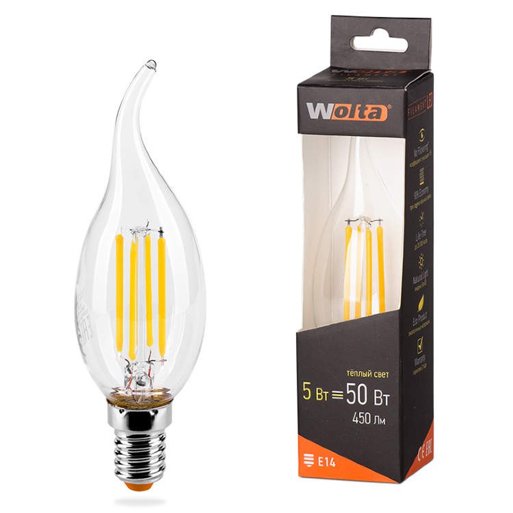 Лампа WOLTA Led Filament 25YCDFT 5W E14 3000К свеча на ветру (863)