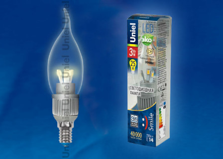 Лампа светодиодная  Uniel LED-CW37P-3W/WW/E14/CL "Свеча на ветру" серия Aluminium Smile Уценка