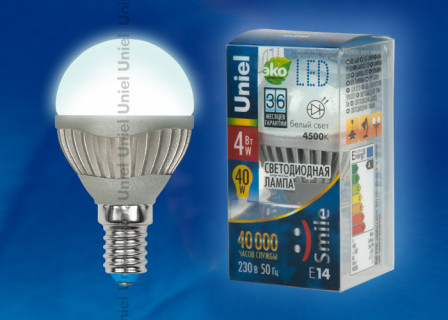 Лампа светодиодная  Uniel LED-G45-4W/NW/E14/FR ALS01SL "Шар" мат.колба серия Aluminium Smile Уценка