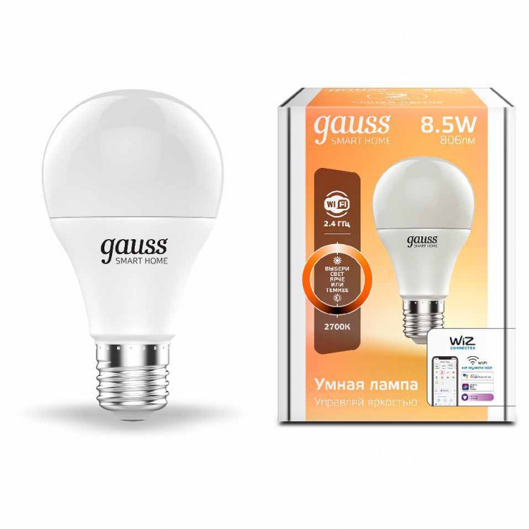 Лампа Gauss Smart Home A60 8,5W 806lm 2700K E27 диммируемая LED