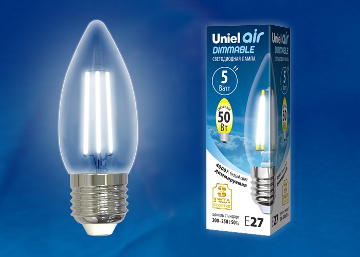 Лампа светодиодная  Uniel LED-C35-5W/NW/E27/CL/DIM GLA01TR серия Air форма 