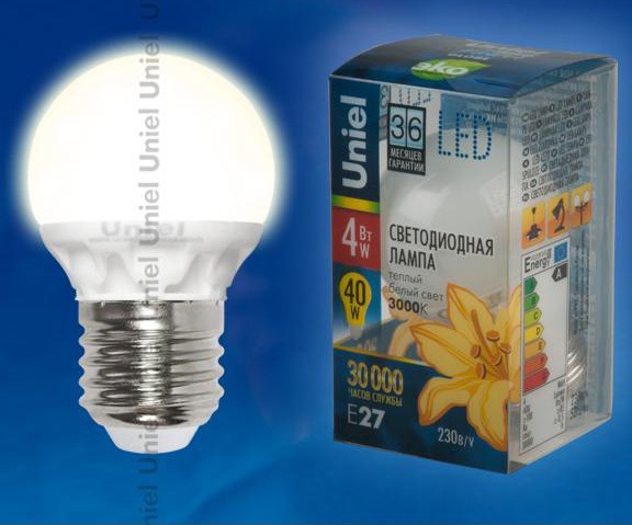 Лампа светодиодная  Uniel LED-G45-4W/WW/E27/FR CRF01WH 