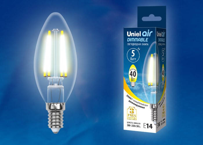 Лампа светодиодная  Uniel LED-C35-5W/WW/E14/CL/DIM GLA01TR серия Air форма "свеча"