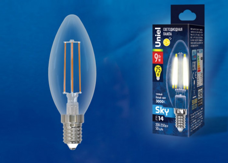Лампа светодиодная  Uniel LED-C35-9W/3000K/E14/CL PLS02WH серия Sky форма 