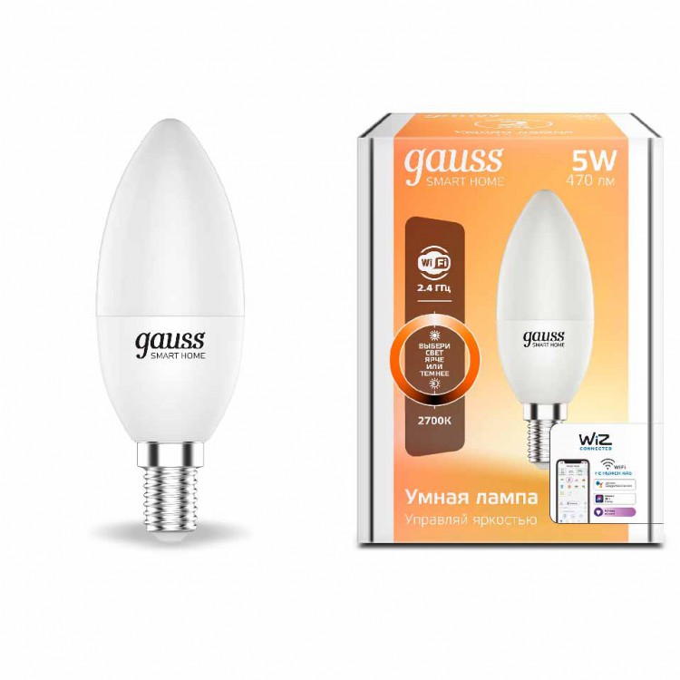 Лампа Gauss Smart Home С37 5W 470lm 2700К Е14 диммируемая LED