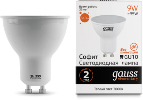 Лампа Gauss LED Elementary MR16 13619 9W GU10 3000K