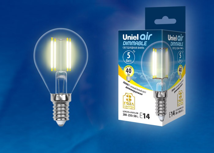 Лампа светодиодная  Uniel LED-G45-5W/WW/E14/CL/DIM GLA01TR серия Air форма "Шар"