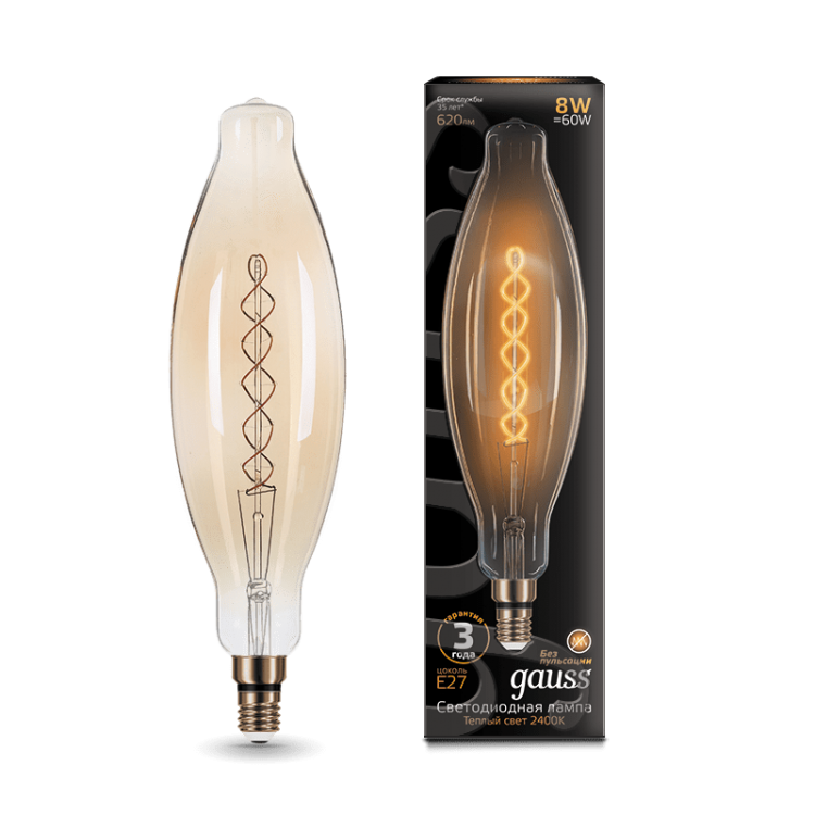 Лампа Gauss LED Vintage Filament 156802008 BT120 Flexible E27 8W 2400K Golden