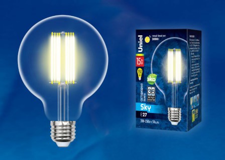Лампа светодиодная  Uniel LED-G95-15W/3000K/E27/CL  PLS02WH 3000K серия Sky  форма "Шар" (555)